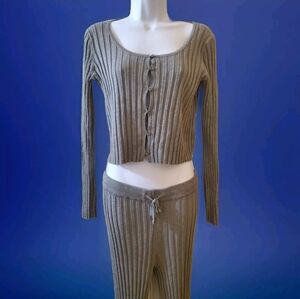 Pink Rose Women's Ribbed Lounge Set Button Down Top Bell Bottom Pants Gray M